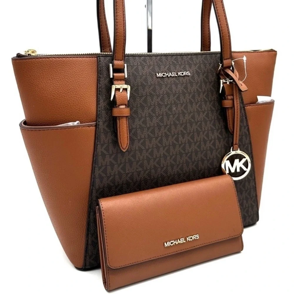 Michael Kors Large Charlotte Tote Bag & Trifold Wallet Brown